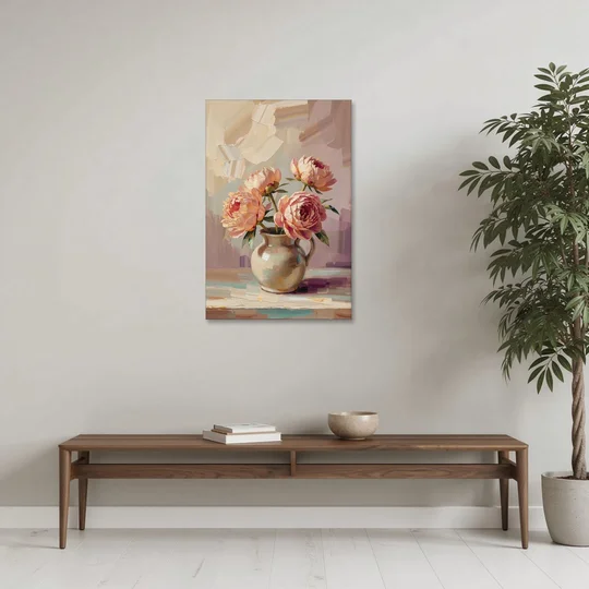 Peonies in Vase Painting in Peach Blush - Canvas Wall Art - Coffee Table - 24x36
