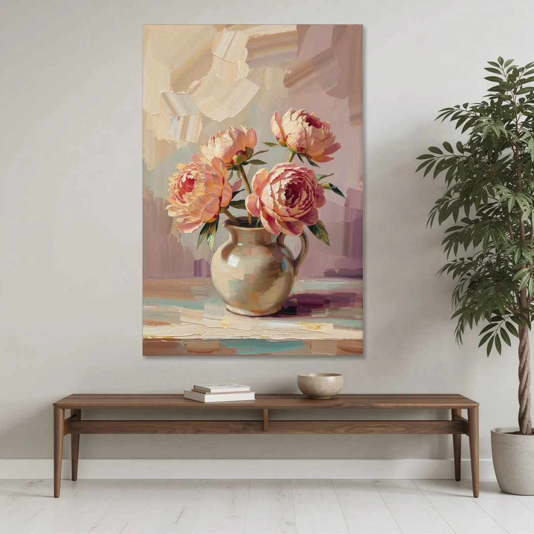 Peonies in Vase Painting in Peach Blush - Canvas Wall Art - Coffee Table - 40x60