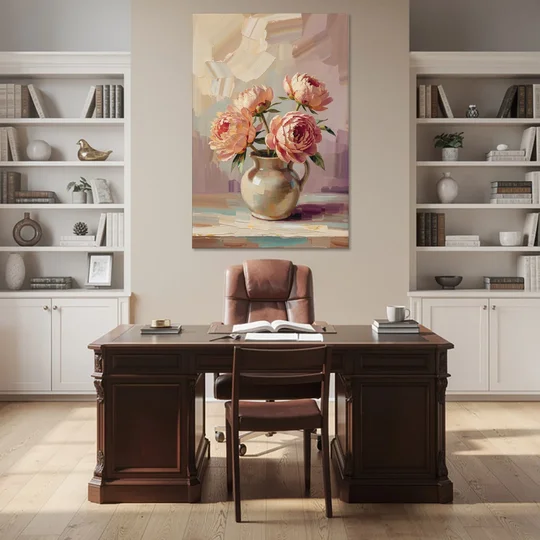 Peonies in Vase Painting in Peach Blush - Canvas Wall Art - Office - 40x60