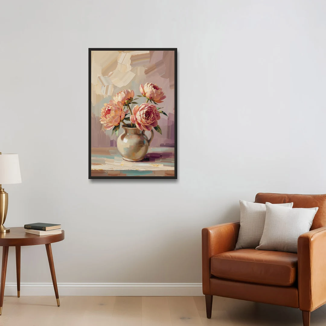 Peonies in Vase Painting in Peach Blush - Black Framed Canvas Wall Art - Sofa - 24x36