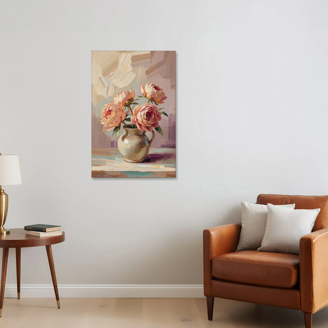 Peonies in Vase Painting in Peach Blush - Canvas Wall Art - Sofa - 24x36