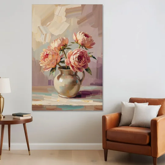 Peonies in Vase Painting in Peach Blush - Canvas Wall Art - Sofa - 40x60