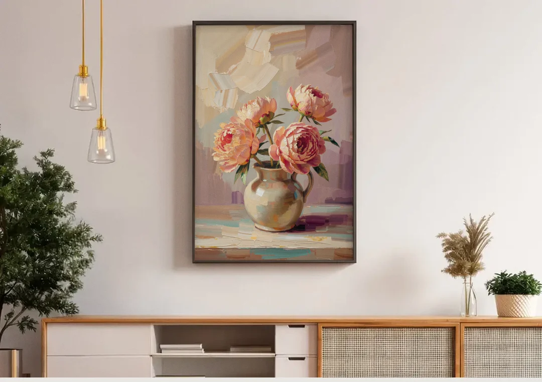 Peonies in Vase Painting in Peach Blush canvas wall art above a wooden sideboard under pendant lights