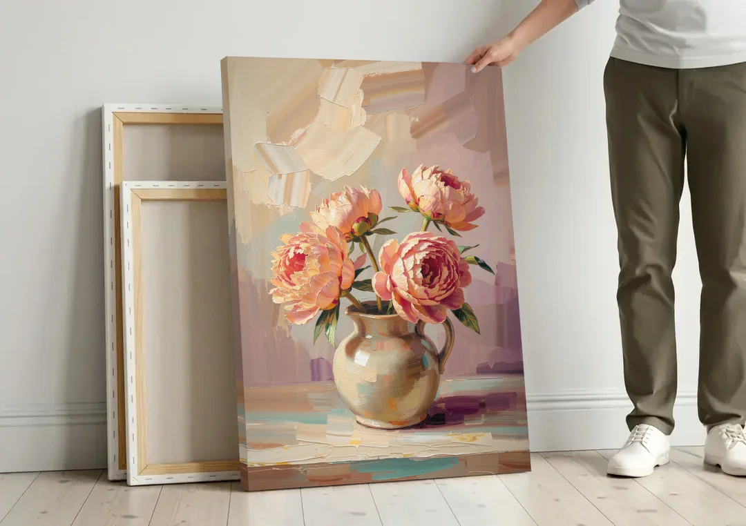 Peonies in Vase Painting in Peach Blush canvas wall art leaning against a wall next to blank canvases
