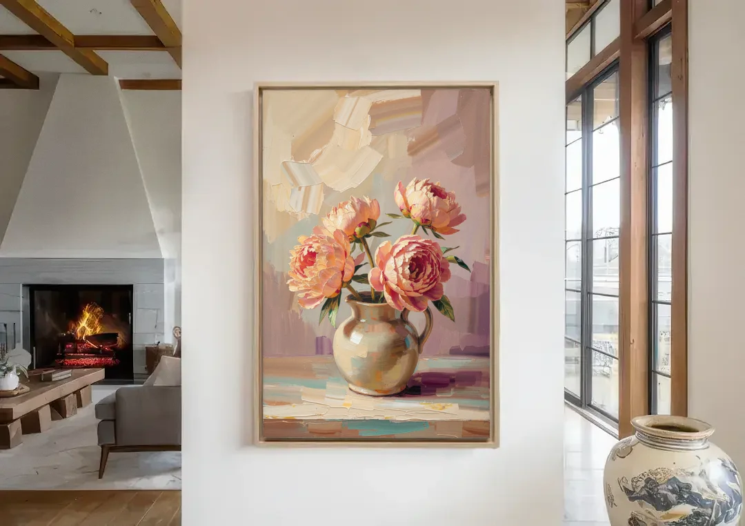 Peonies in Vase Painting in Peach Blush canvas wall art in a living room with a fireplace