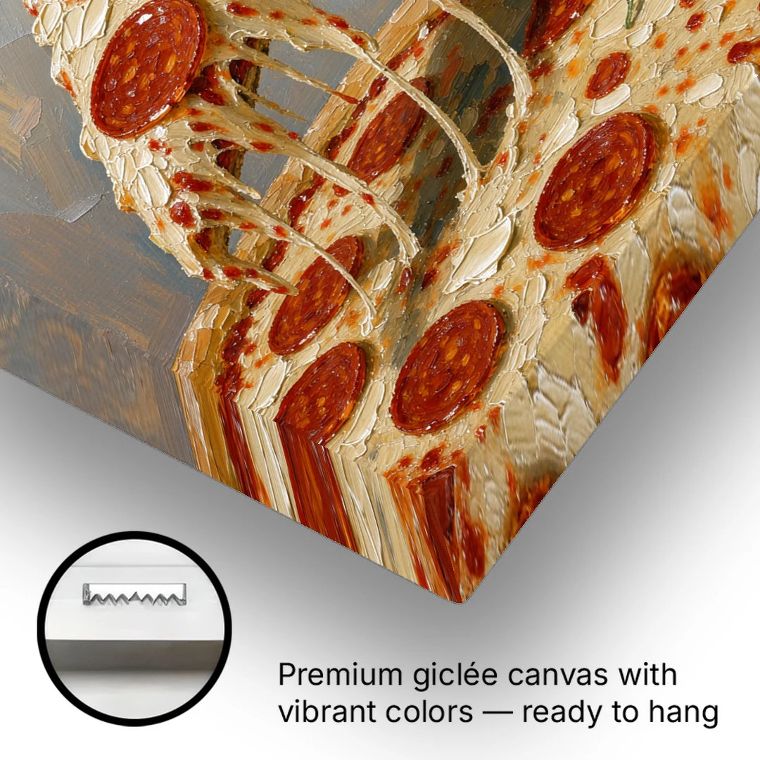 Pepperoni Pizza Slice with Stretching Melted Cheese - Canvas Wall Art - Gallery Wrap Corner