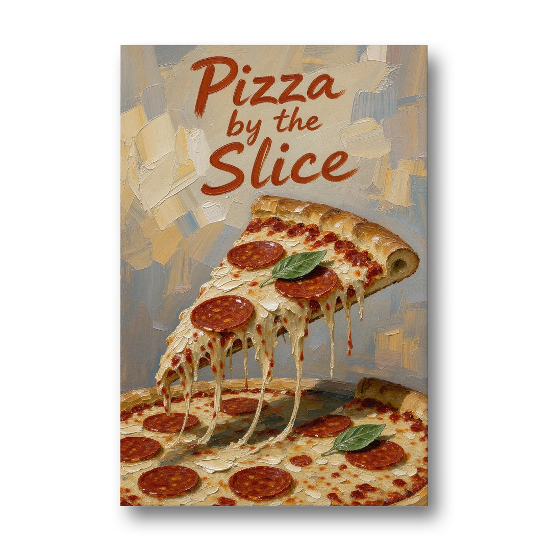 Pepperoni Pizza Slice with Stretching Melted Cheese - Canvas Wall Art - Front