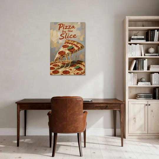 Pepperoni Pizza Slice with Stretching Melted Cheese - Canvas Wall Art - Office - 24x36