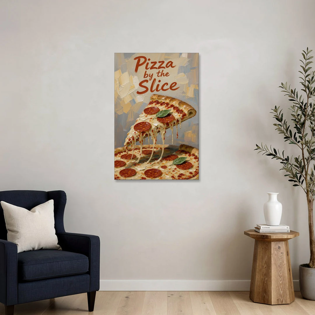 Pepperoni Pizza Slice with Stretching Melted Cheese - Canvas Wall Art - Sofa - 24x36
