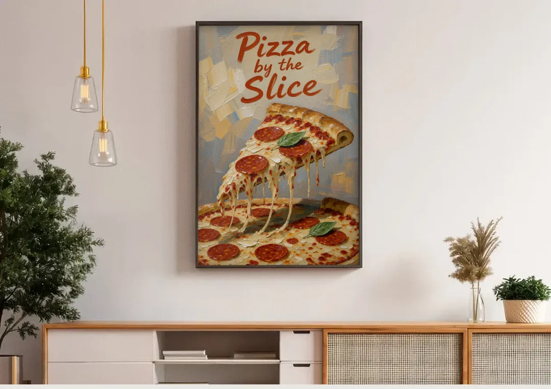 Pepperoni Pizza Slice with Stretching Melted Cheese canvas wall art above a wooden sideboard under pendant lights