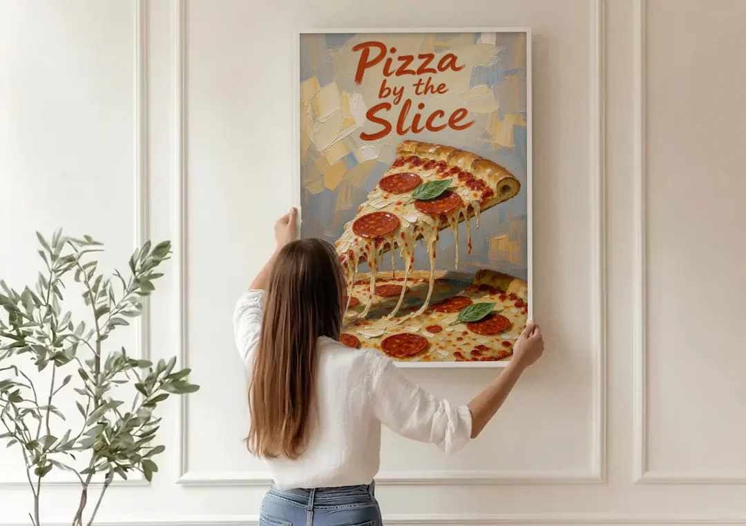 Pepperoni Pizza Slice with Stretching Melted Cheese canvas wall art being hung on a paneled wall