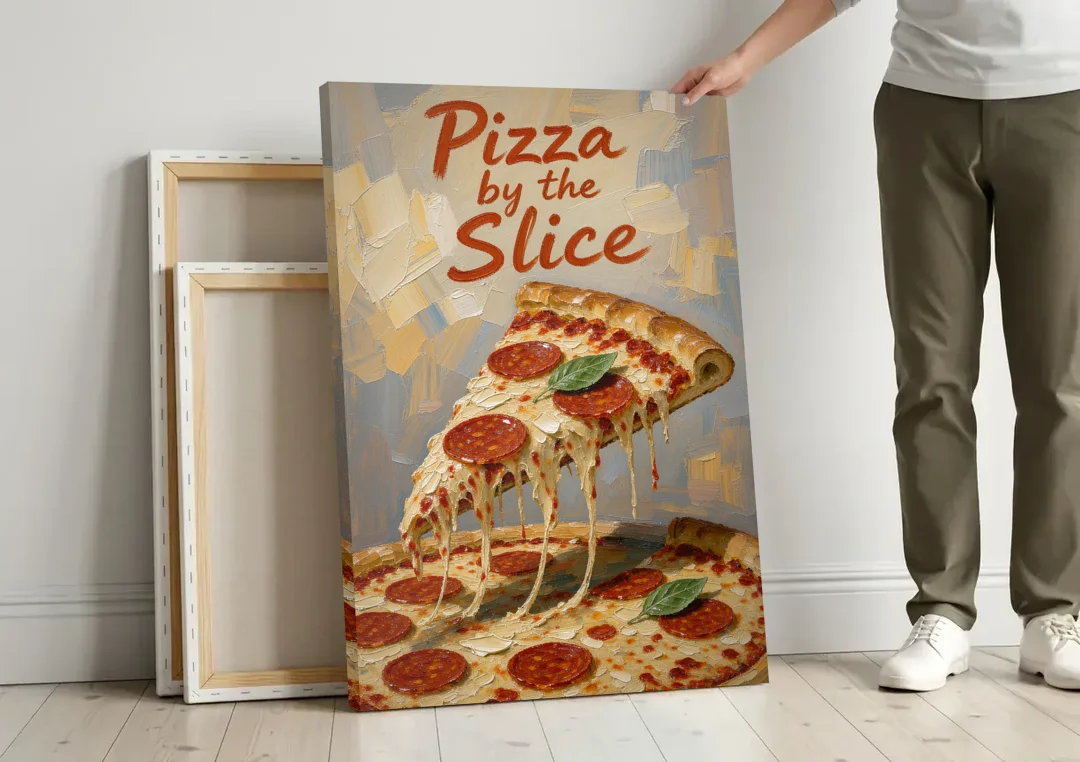 Pepperoni Pizza Slice with Stretching Melted Cheese canvas wall art leaning against a wall next to blank canvases