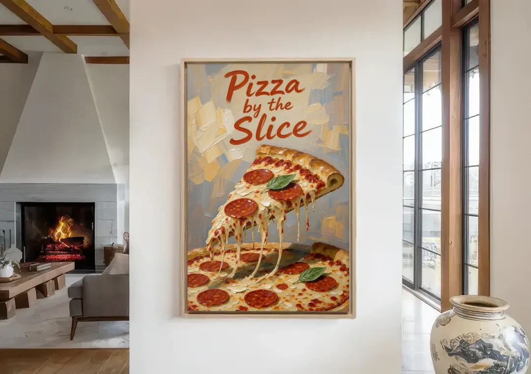 Pepperoni Pizza Slice with Stretching Melted Cheese canvas wall art in a living room with a fireplace