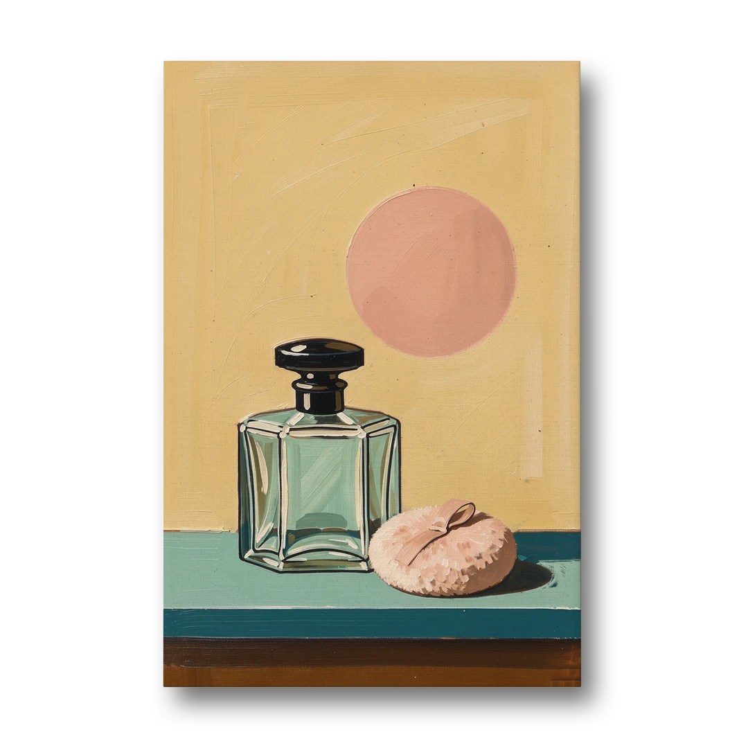 Perfume Bottle Wall Art with Powder Puff - Canvas Wall Art - Front