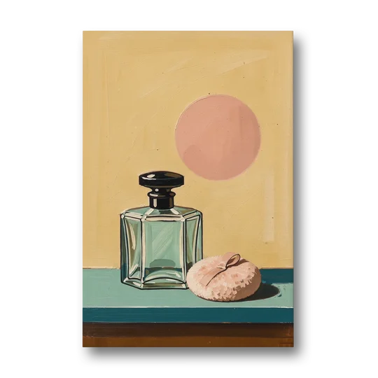Perfume Bottle Wall Art with Powder Puff - Canvas Wall Art - Front