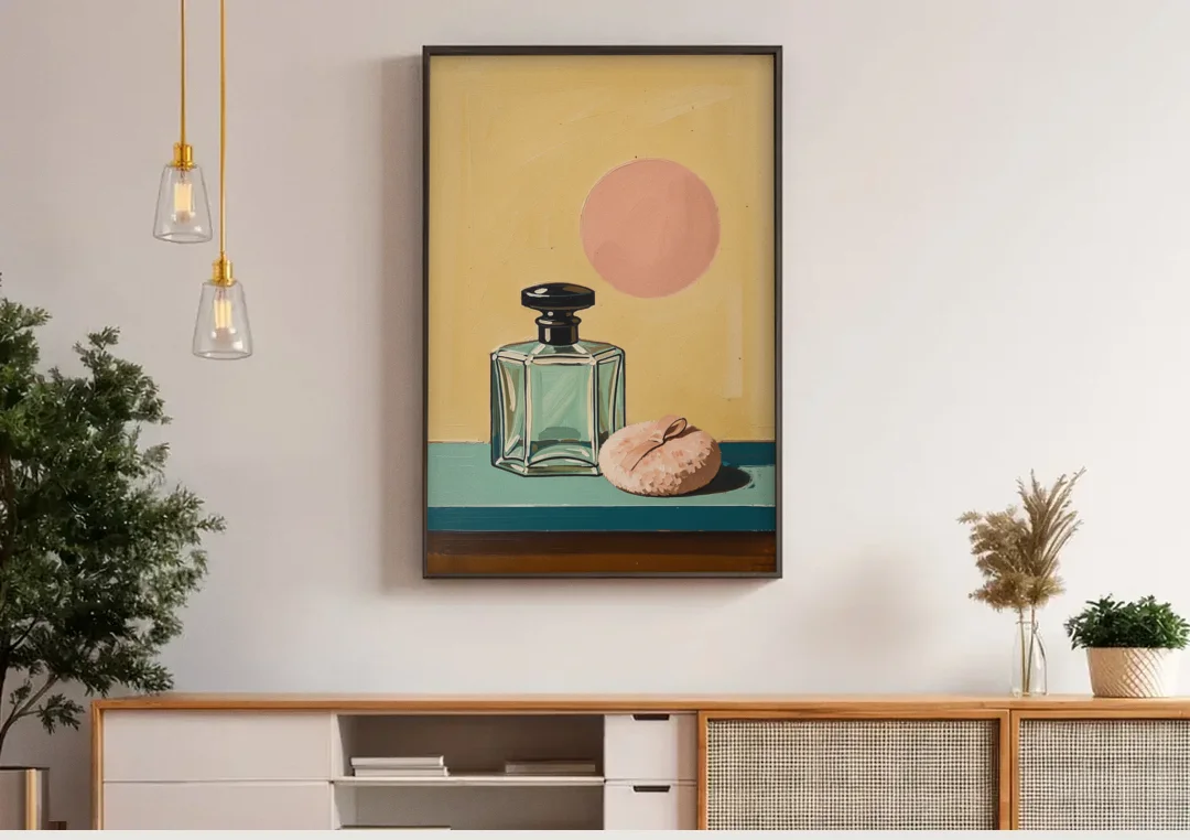 Perfume Bottle Wall Art with Powder Puff canvas wall art above a wooden sideboard under pendant lights
