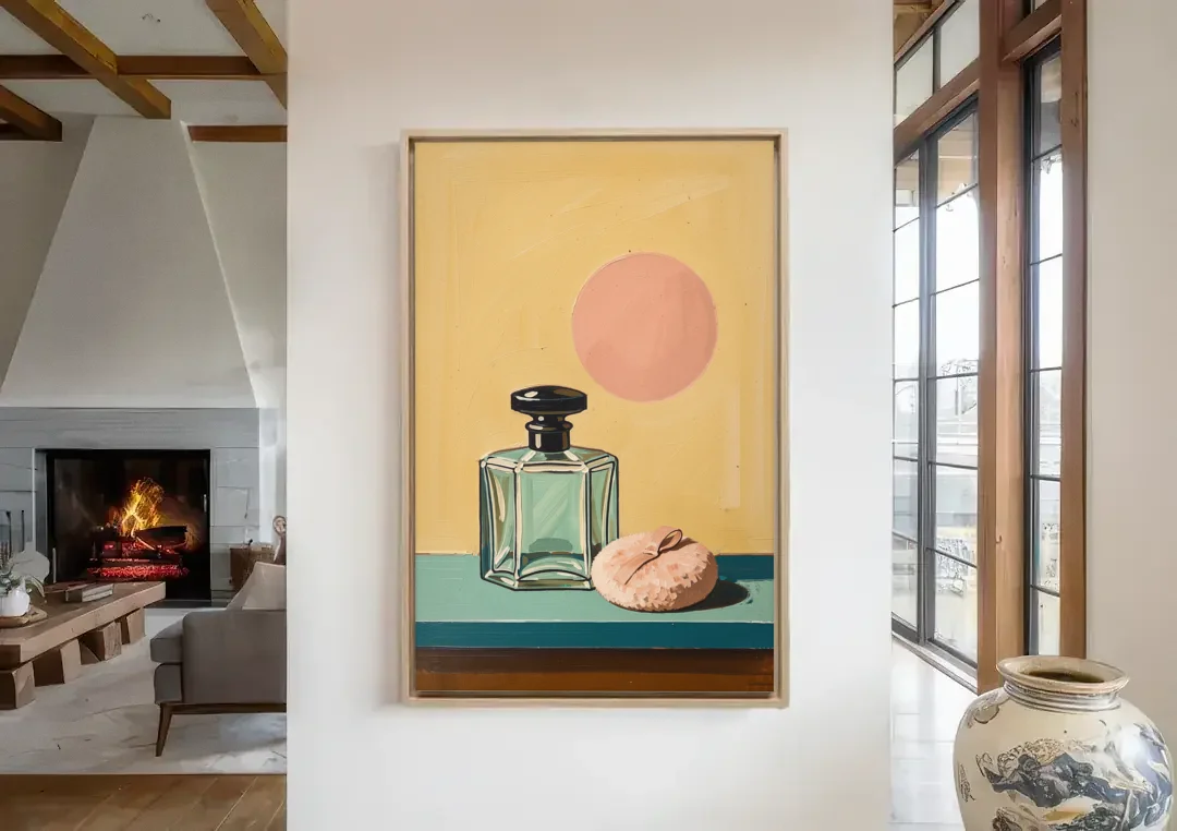 Perfume Bottle Wall Art with Powder Puff canvas wall art in a living room with a fireplace