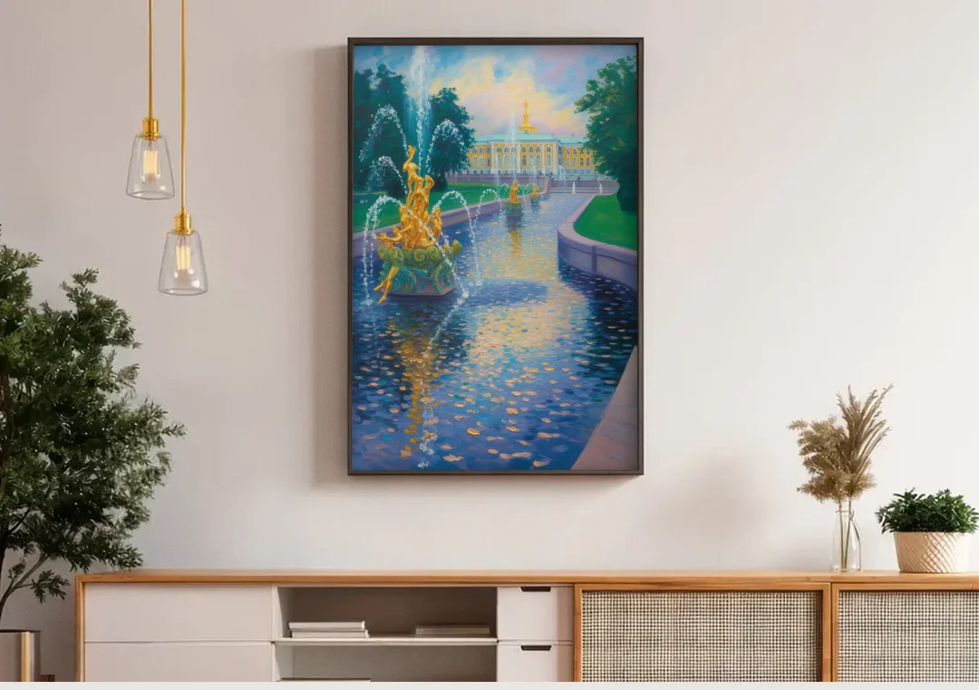 Peterhof Grandeur canvas wall art above a wooden sideboard under pendant lights