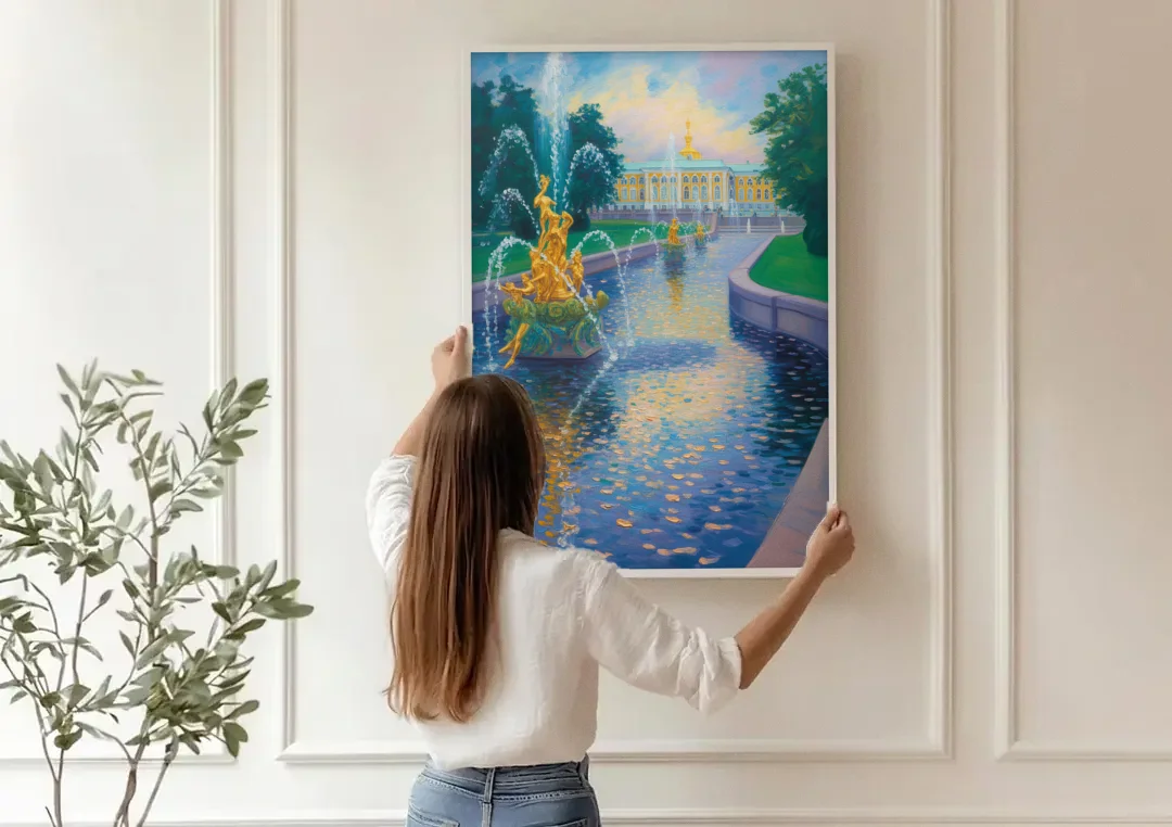 Peterhof Grandeur canvas wall art being hung on a paneled wall