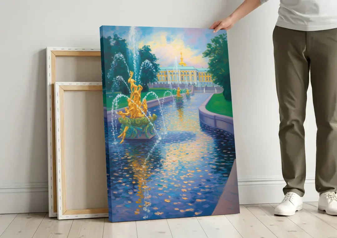 Peterhof Grandeur canvas wall art leaning against a wall next to blank canvases