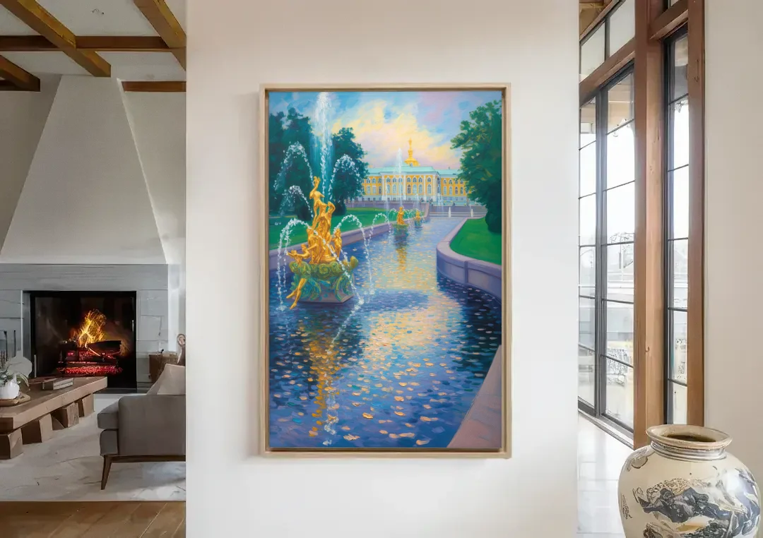 Peterhof Grandeur canvas wall art in a living room with a fireplace