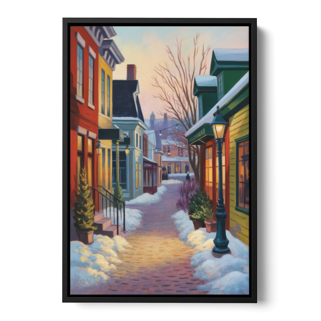 Petit Champlain Winter Quebec - Black Framed Canvas Wall Art - Front