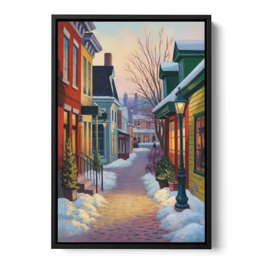 Petit Champlain Winter Quebec - Black Framed Canvas Wall Art - Front