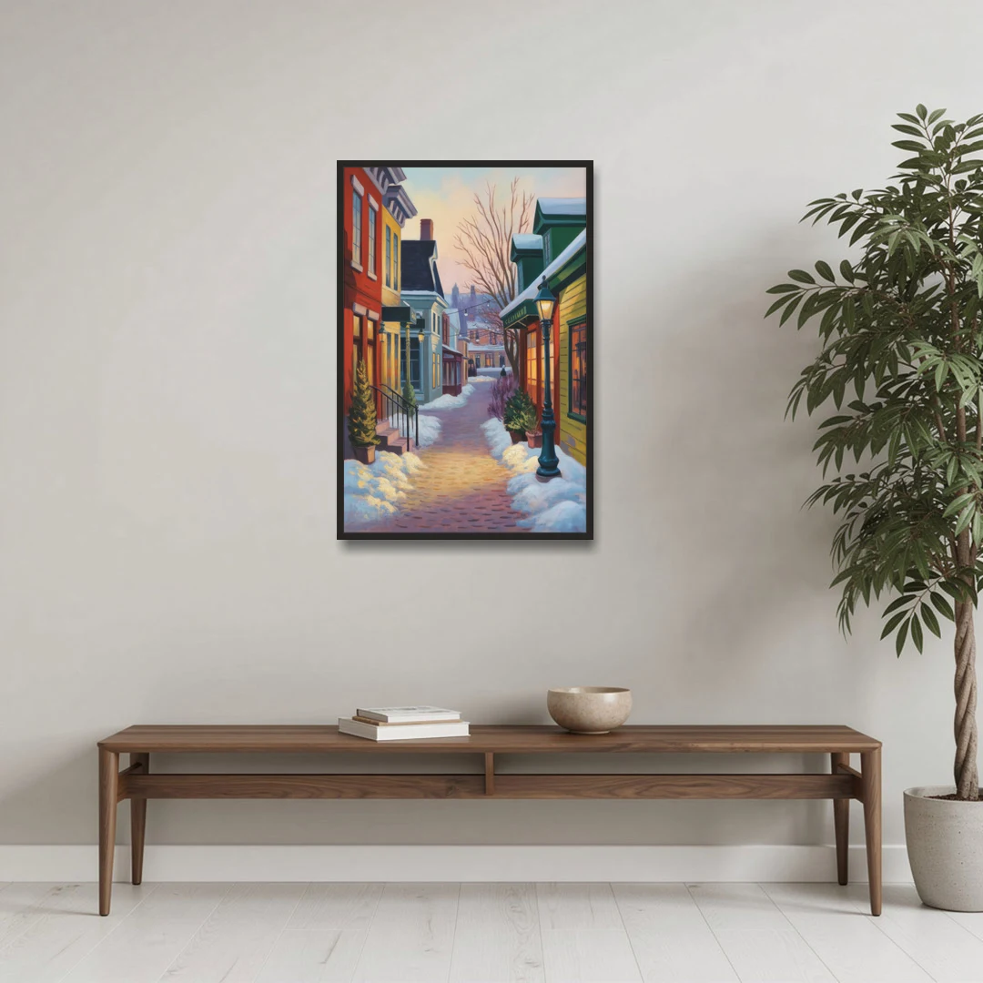 Petit Champlain Winter Quebec - Black Framed Canvas Wall Art - Coffee Table - 24x36