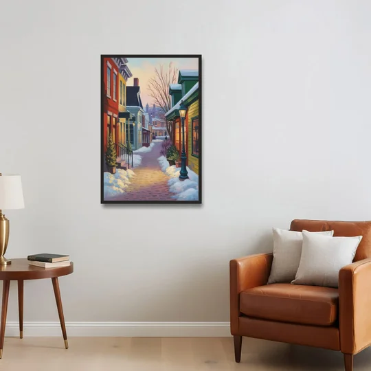 Petit Champlain Winter Quebec - Black Framed Canvas Wall Art - Sofa - 24x36