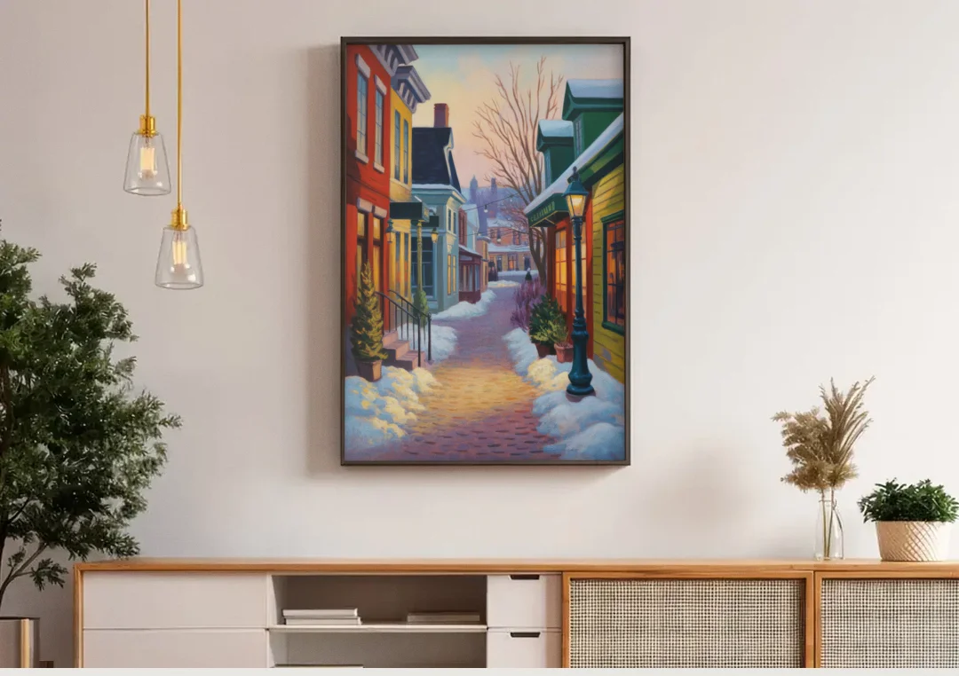Petit Champlain Winter Quebec canvas wall art above a wooden sideboard under pendant lights