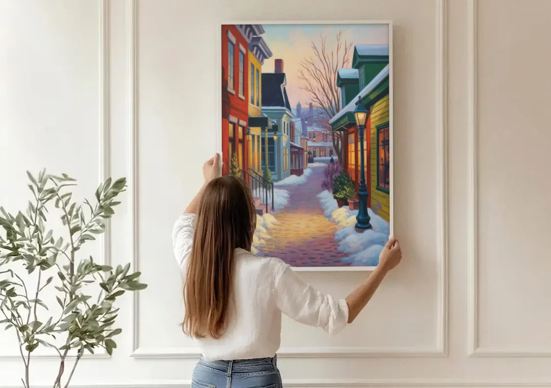 Petit Champlain Winter Quebec canvas wall art being hung on a paneled wall