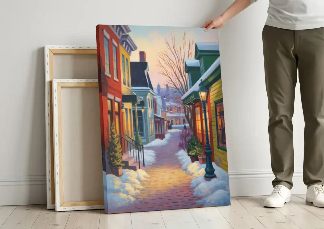 Petit Champlain Winter Quebec canvas wall art leaning against a wall next to blank canvases