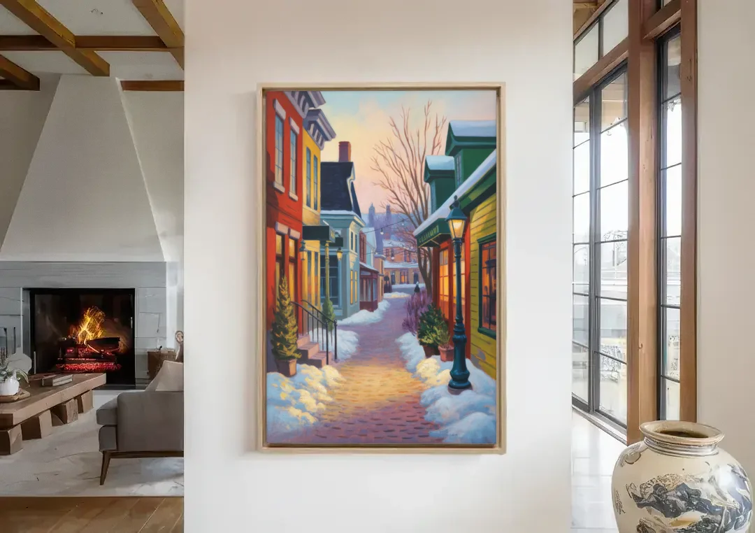 Petit Champlain Winter Quebec canvas wall art in a living room with a fireplace