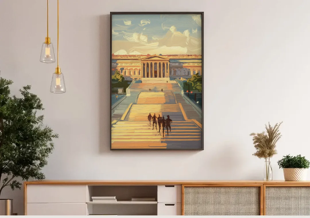 Philadelphia Art Museum Steps canvas wall art above a wooden sideboard under pendant lights
