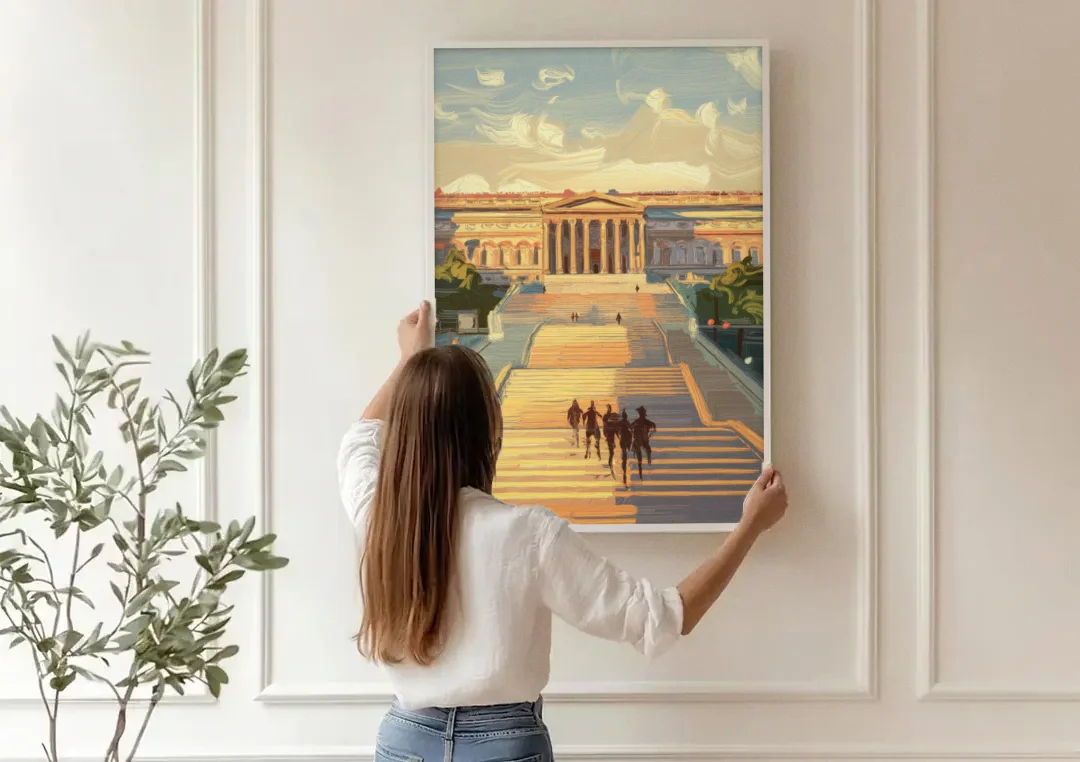 Philadelphia Art Museum Steps canvas wall art being hung on a paneled wall