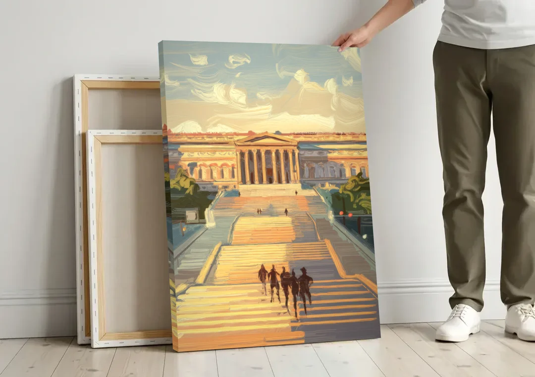 Philadelphia Art Museum Steps canvas wall art leaning against a wall next to blank canvases