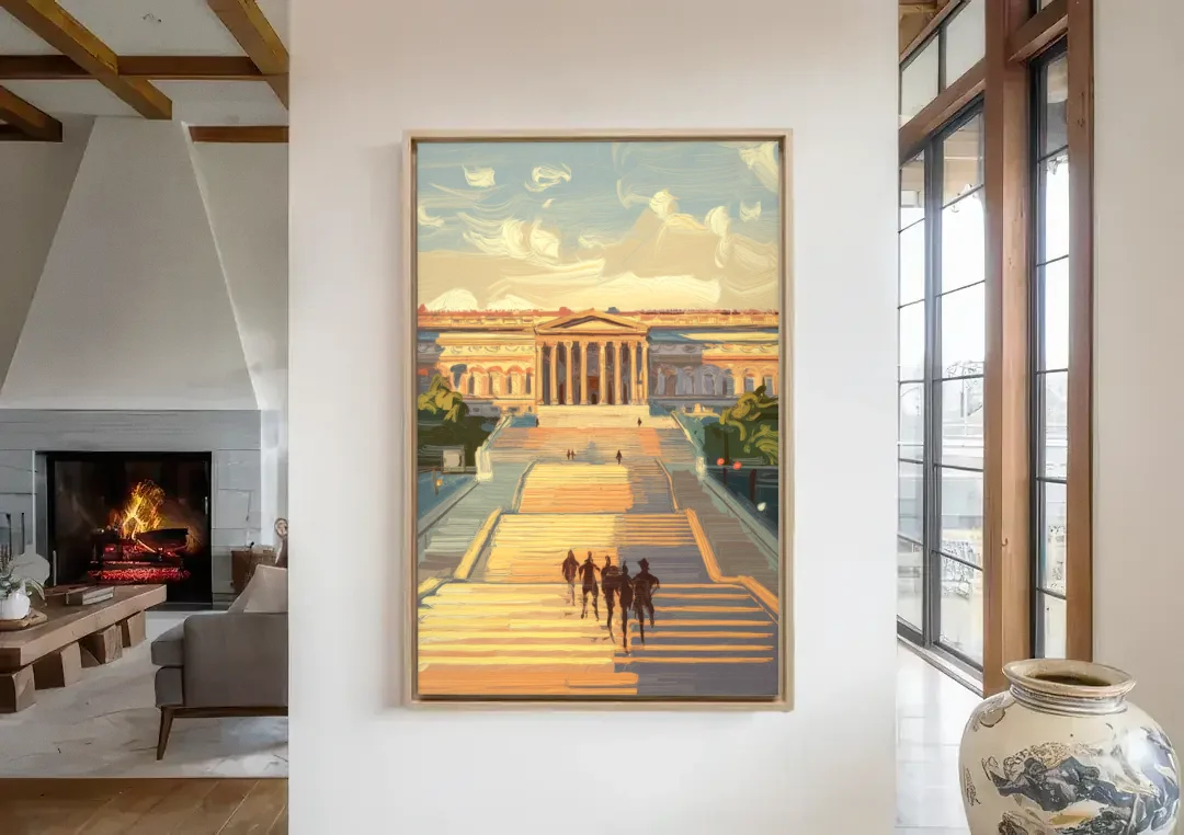Philadelphia Art Museum Steps canvas wall art in a living room with a fireplace