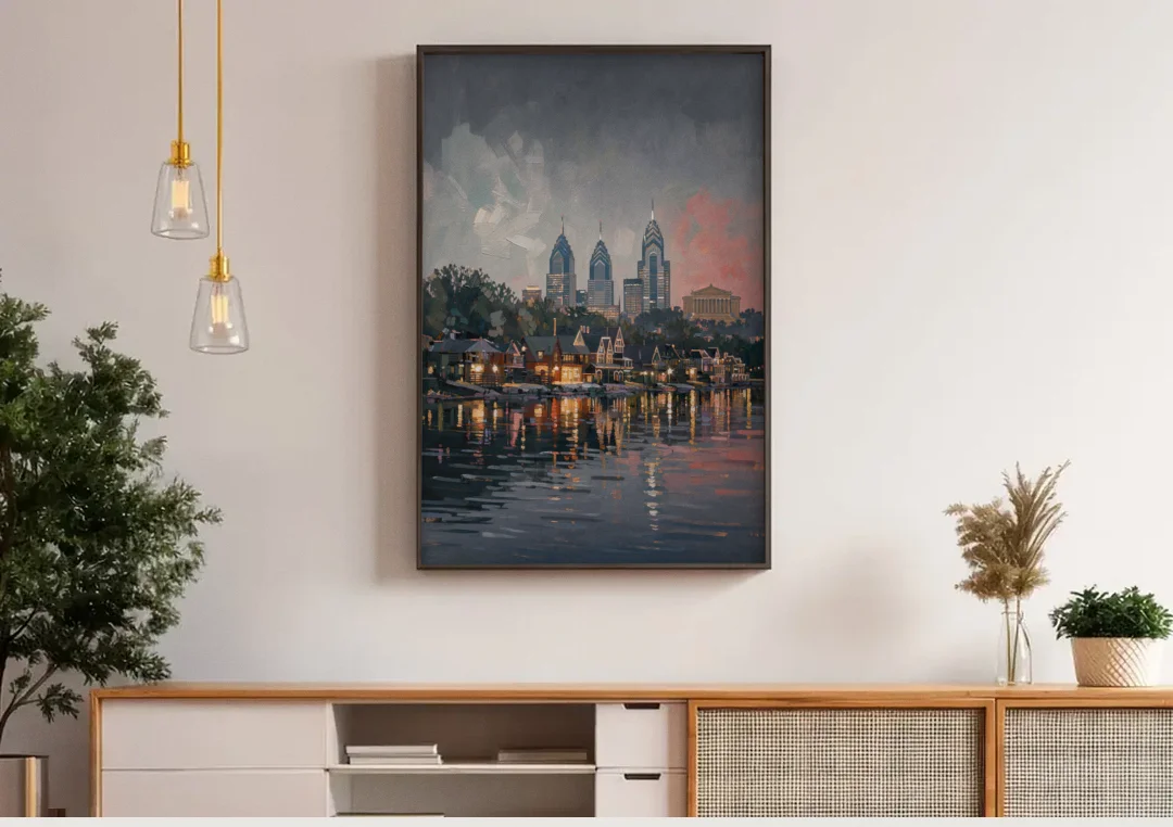 Philadelphia Black and White canvas wall art above a wooden sideboard under pendant lights
