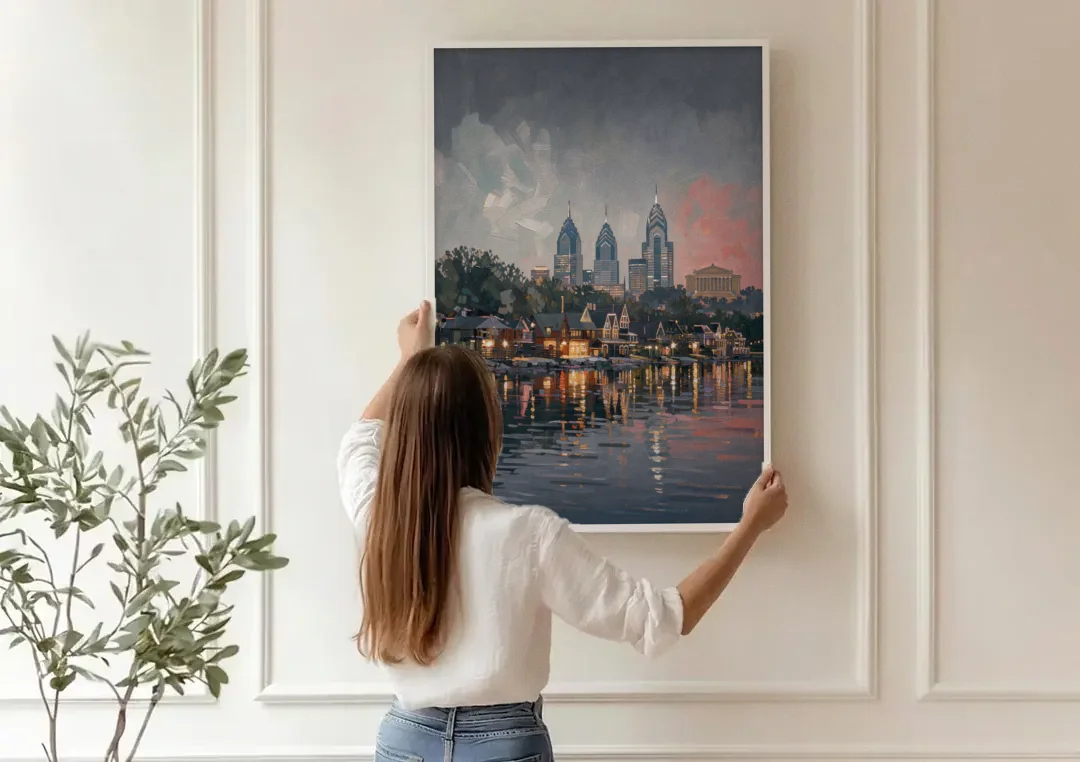 Philadelphia Black and White canvas wall art being hung on a paneled wall