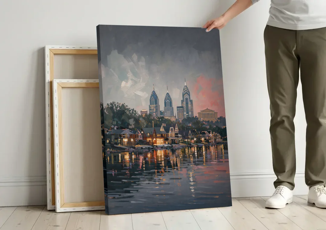 Philadelphia Black and White canvas wall art leaning against a wall next to blank canvases