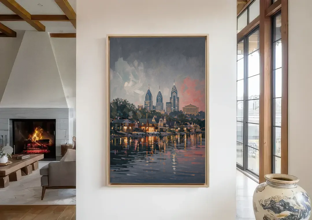 Philadelphia Black and White canvas wall art in a living room with a fireplace