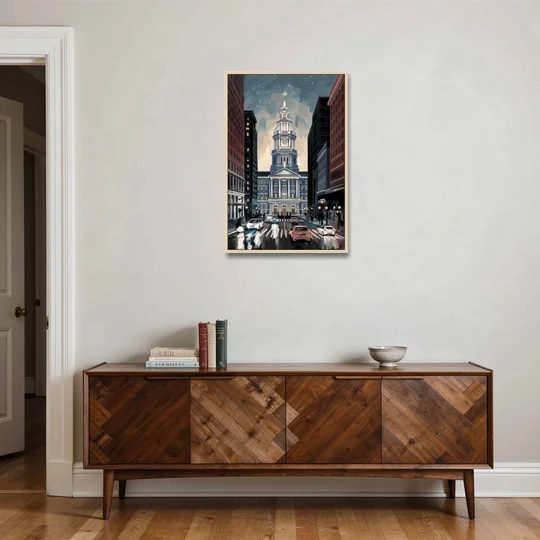 Philadelphia City Hall - Oak Framed Canvas Wall Art - Coffee Table - 24x36