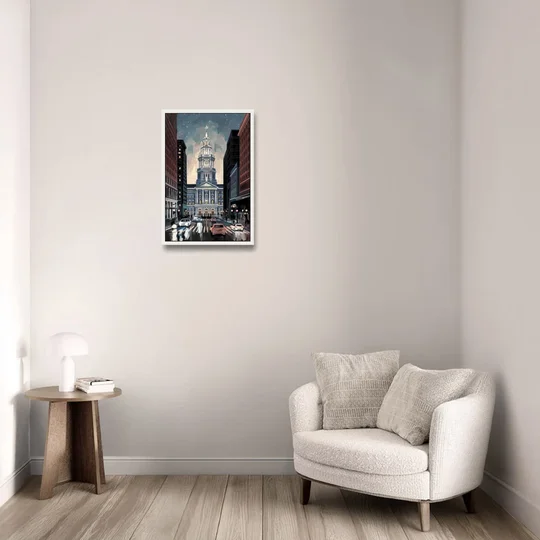 Philadelphia City Hall - White Framed Canvas Wall Art - Sofa - 16x24