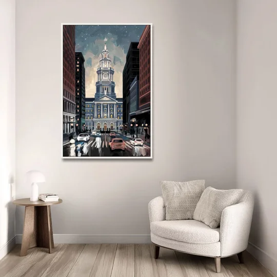 Philadelphia City Hall - White Framed Canvas Wall Art - Sofa - 32x48
