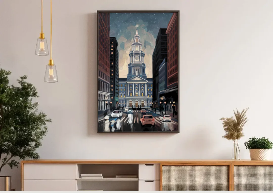 Philadelphia City Hall canvas wall art above a wooden sideboard under pendant lights