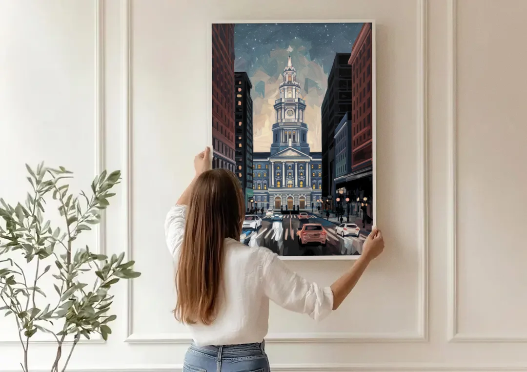 Philadelphia City Hall canvas wall art being hung on a paneled wall