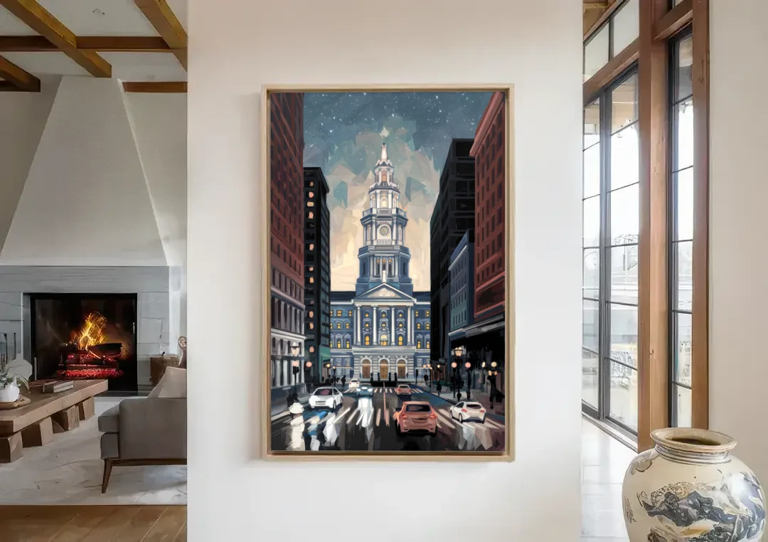 Philadelphia City Hall canvas wall art in a living room with a fireplace