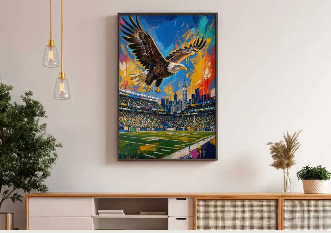 Philadelphia Eagles Symbolic Composition Painting canvas wall art above a wooden sideboard under pendant lights