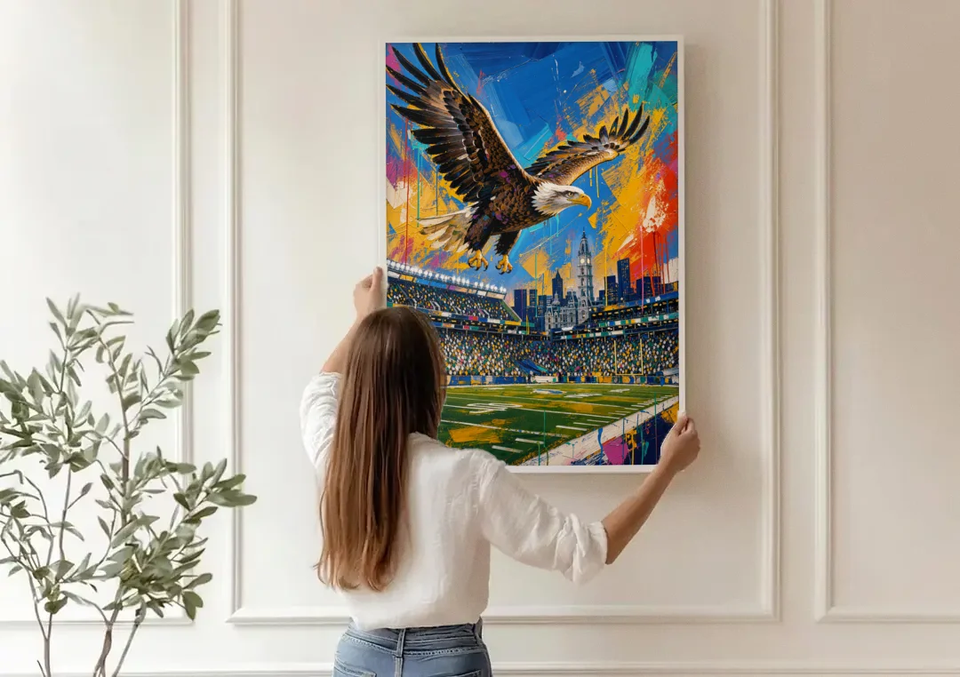 Philadelphia Eagles Symbolic Composition Painting canvas wall art being hung on a paneled wall