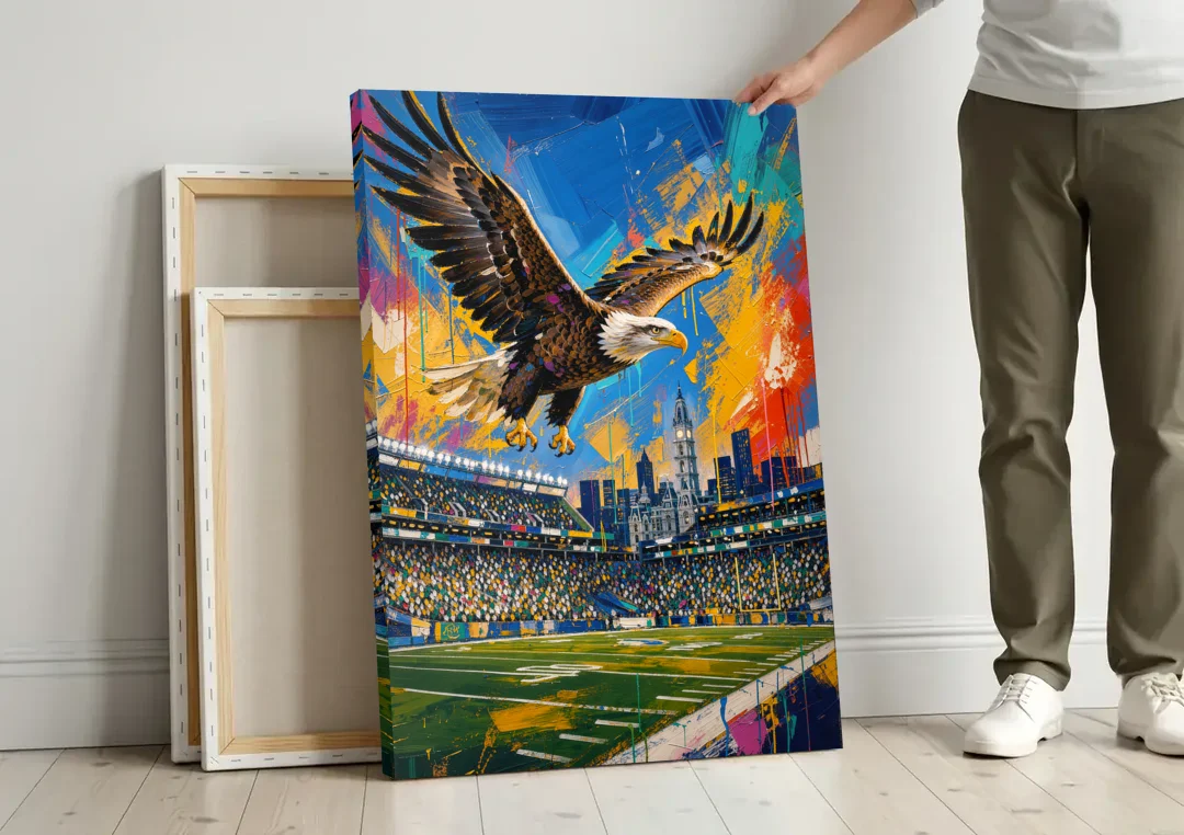 Philadelphia Eagles Symbolic Composition Painting canvas wall art leaning against a wall next to blank canvases